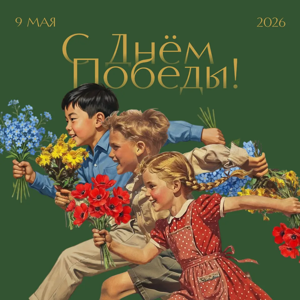 Плакат «С Днём Победы», дети с цветами